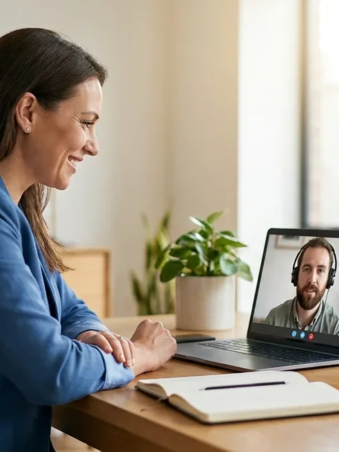 A patient at her dining table during a video appointment, her psychiatric provider visible on the laptop screen in front of her