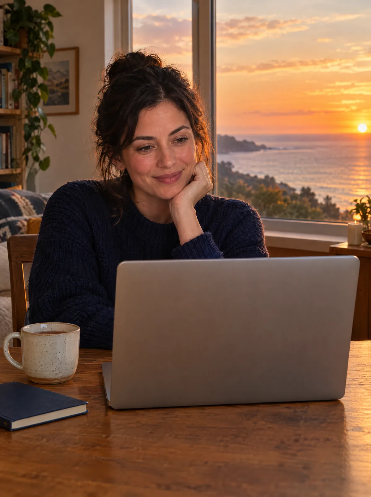 A woman at her kitchen table in the evening, smiling as she listens during a video appointment on her laptop, with the Pacific coast at sunset through the window