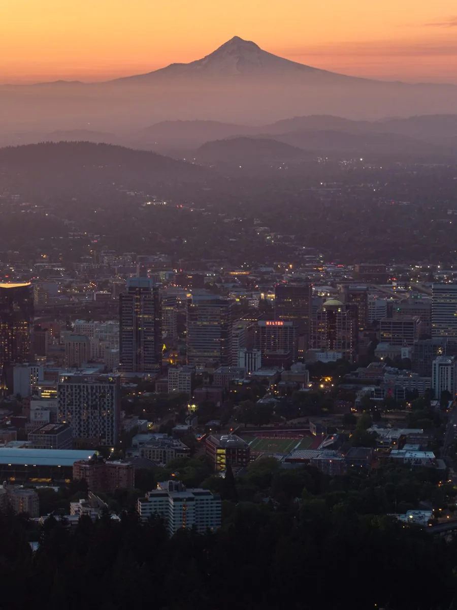 Mount Hood at sunrise above the Portland skyline